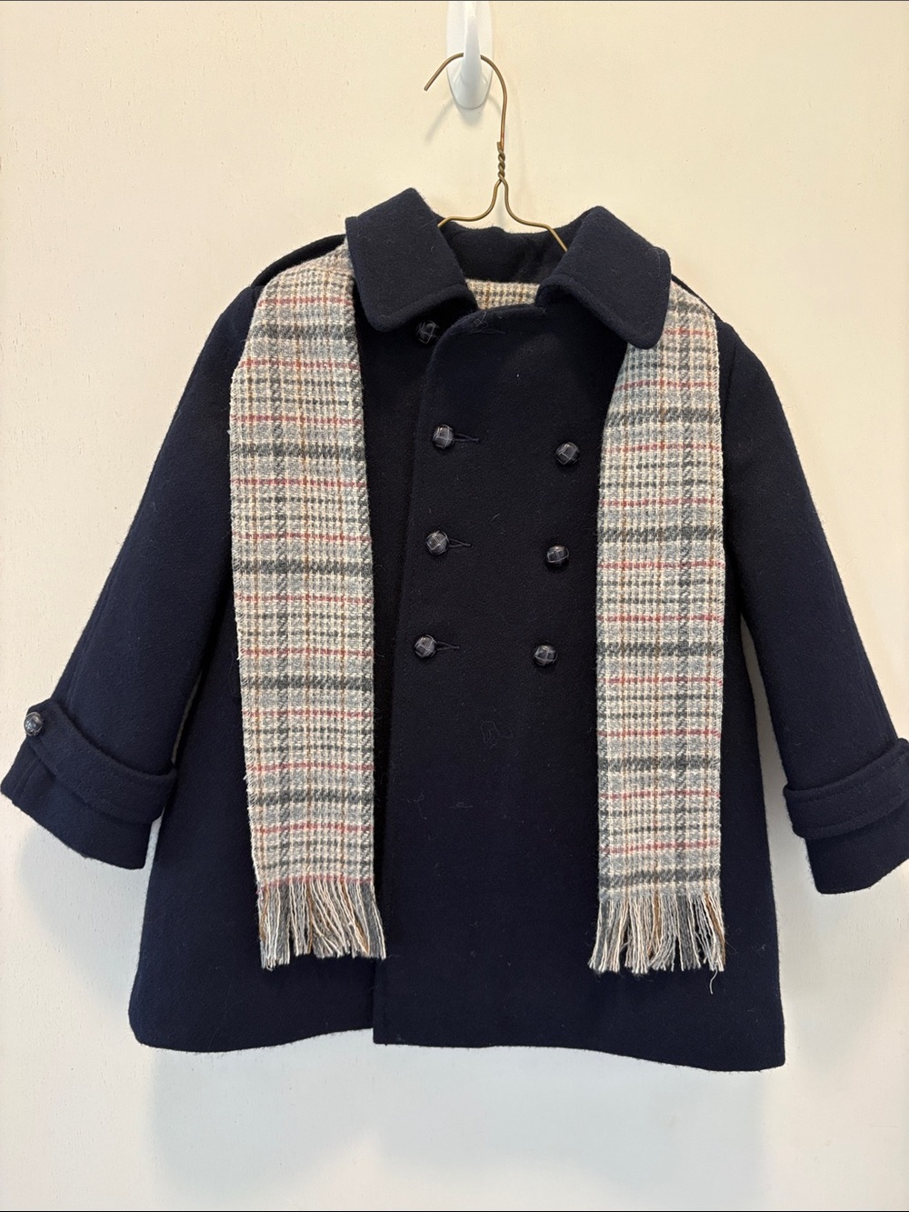 Cute Togs Navy Double-Breasted Kids Peacoat with Checked Scarf and Hat